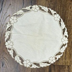 Vintage Round Embroidered Doily Floral Edge Beige 11-3/4"